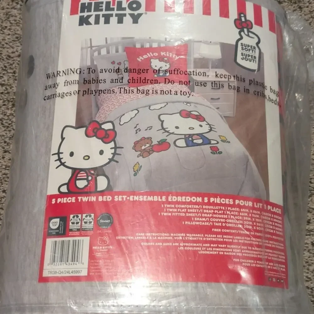 NEW Franco Sanrio Hello Kitty 5 Pc Twin Bedding Comforter & Sheet Set Gray Red